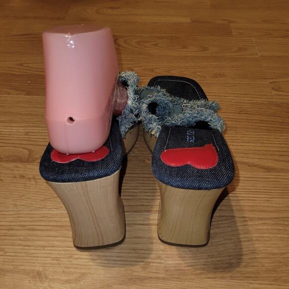 Vintage Womens 90s Y2K Denim Sandals Wood Wedge 4" Heels Size 8 Splash - Picture 10 of 10